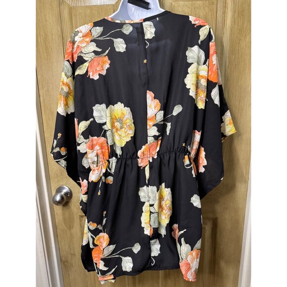 Haute Project Womens 2XL Black Orange Floral  Lace Trim Tie Waist Kimono Coverup - Picture 2 of 6